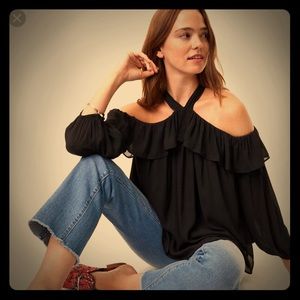 Loft Black Halter off the shoulder ruffle top